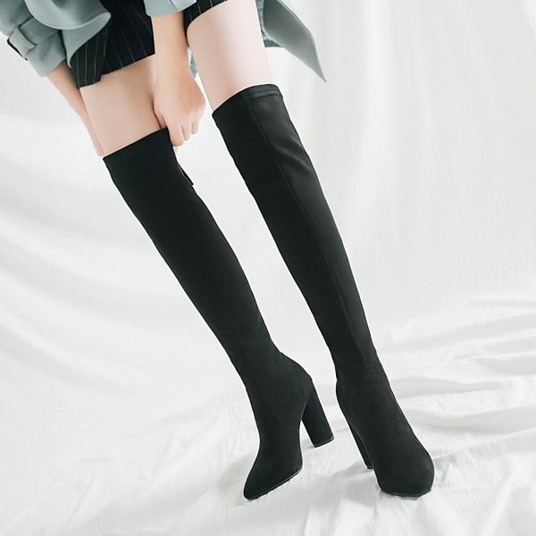

boots suede high heel thin winter knee thick elastic women's, Black