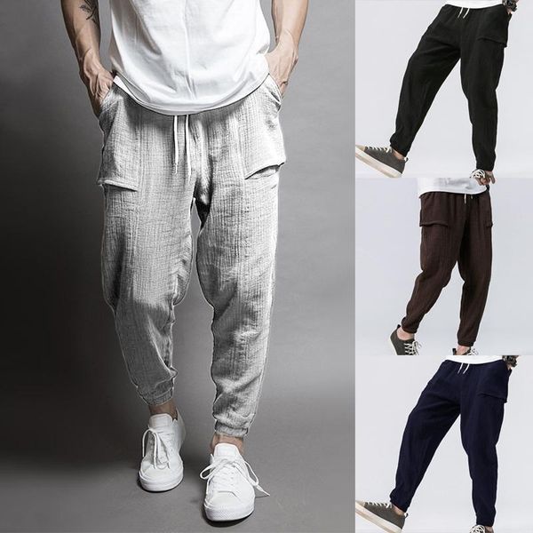 

men's pants mens hip hop cotton linen drawstring waist pocket loose pencil casual harem sweatpants trousers, Black