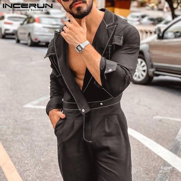

men's pants incerun american style men solid siamese fashionable long-sleeved all-match simple overalls s-5xl 2021, Black