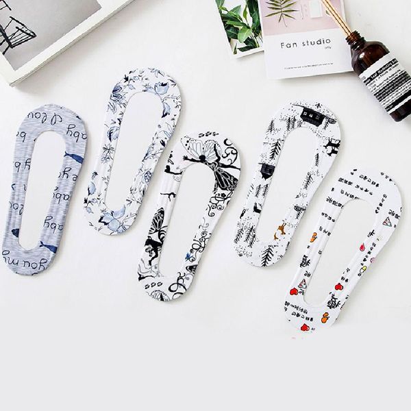 

silicone anti-skid socks silk invisible printed in summer boat non slip short female cartoon women no show low & hosiery, Black;white