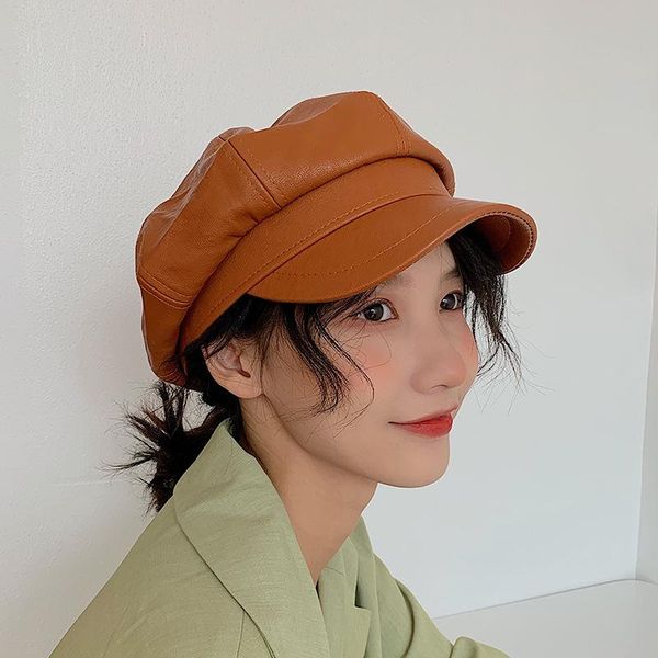 

berets fashion solid color octagonal cap hats female autumn winter leather panama stylish artist painter sboy caps beret woman hat, Blue;gray