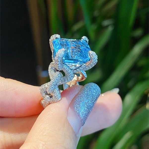 

cluster rings qluxury 925 silver ring for women blue big square zircon stone designer fine jewelry party gift, Golden;silver