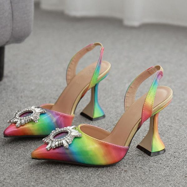 

siddons rainbow color women sandals pointed toe slip on high heels pumps crystal ladies party shoes woman slingbacks sandal, Black