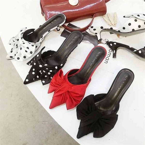 

pointed toe women slippers ladies summer outside mules shallow flats bow design thin low heels sandals slides beach shoes 210310, Black
