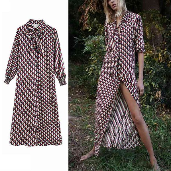 

women long autumn print dress elegant midi tied lapel collar sleeve elastic cuff female vintage es 210524, Black;gray