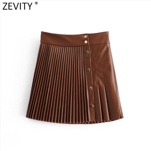 

zevity women vintage high waist pu leather pleated mini skirt faldas mujer ladies front buttons casual brand chic skirts qun689, Black