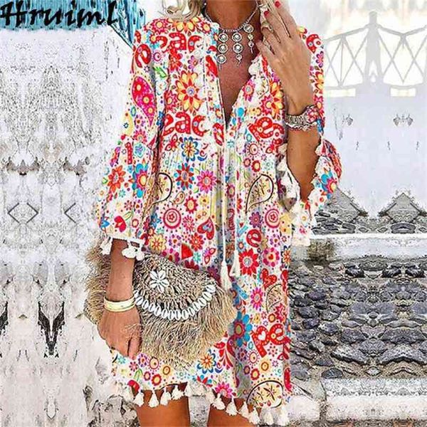 

bohemian dress 3/4 sleeve v neck print tassel patchwork elegant vintage women dreeses plus size casual beach woman 210513, Black;gray