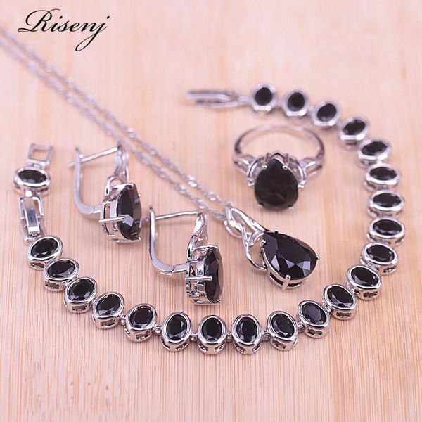 

earrings & necklace risenj black zircon costume jewelry hoop ring bracelet set anniversary present for women in store, Silver