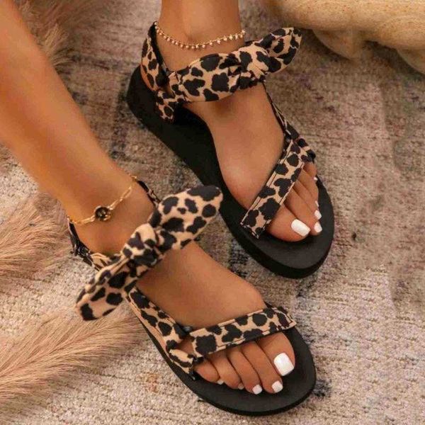 

new women sandals color flat casual lace up bow shoes for ladies summer fashion 2021 outdoor leopard beach footwear plus size y0721, Black
