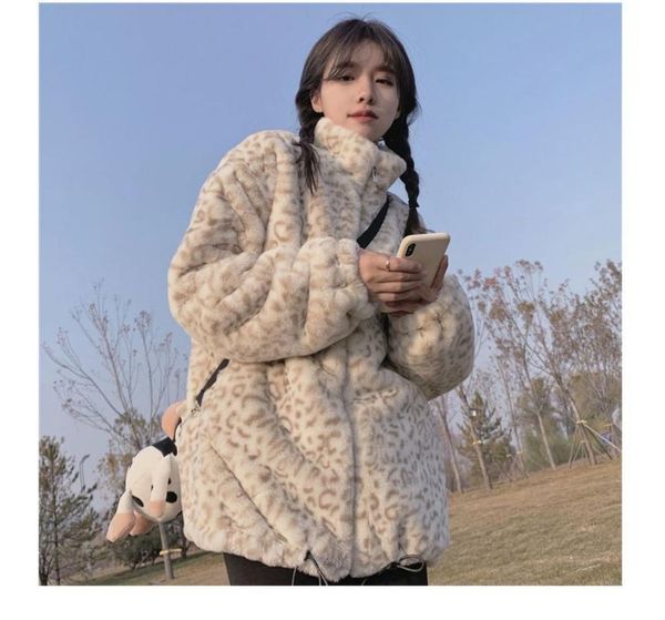 

women's fur & faux 2021 thick coat women autumn and winter loose leopard print plush short imitation cothing, Black