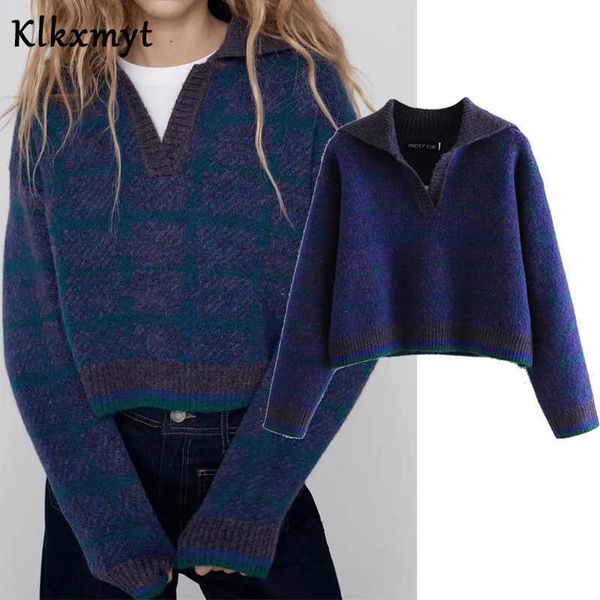 

klkxmyt za sweater women fashion plaid cropped shirts knitted vintage long sleeve female pullovers chic 210527, White;black