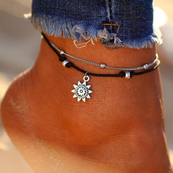 

anklets vintage boho multi layer beads for women fashion sun pendent anklet handmade chain foot party jewelry, Red;blue