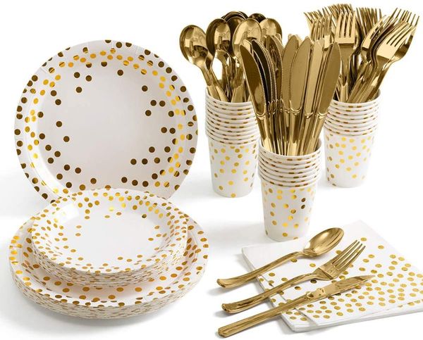 

disposable dinnerware white gold party supplies golden dot sets tableware for graduation, birthday, cocktail