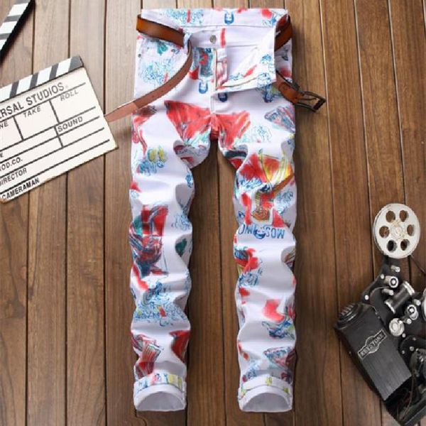 

men's jeans european-american style digital printing slim fashion stretch small foot simple casual, Blue