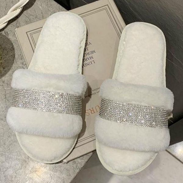 

winter luxury rhinestone women warm fur slippers cozy fluffy furry slides crystal flat indoor design home shoes ladies 43, Black