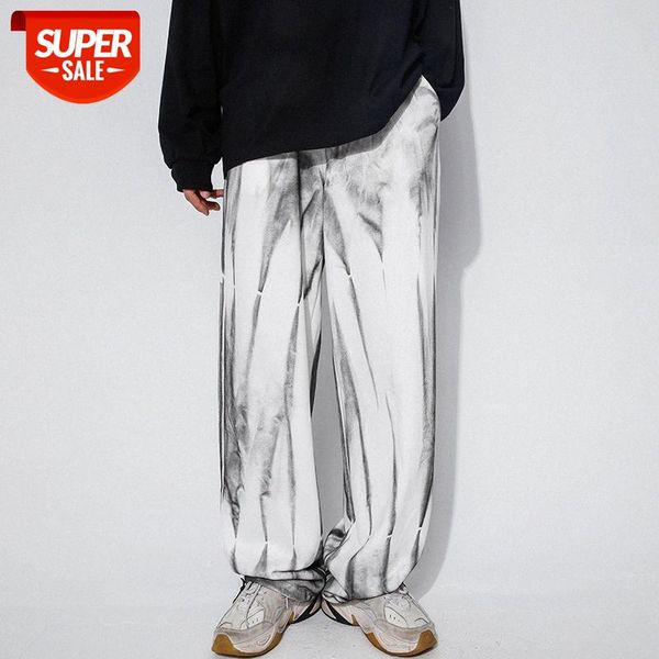 

ink tie-dye printed trousers male hip-hop street retro straight loose drape wide-leg pants #vi7x, Black