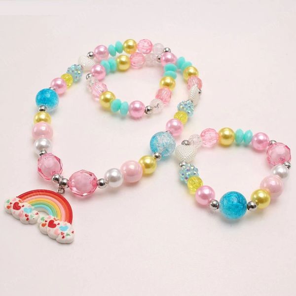 

kids girls colorful beaded necklace bracelets with rainbow pendant elastic diy bangles for gift baby jewelry set, Red;brown