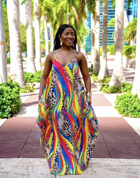 

women's dress, long printed large-sleeved loose strap dress, Black;gray