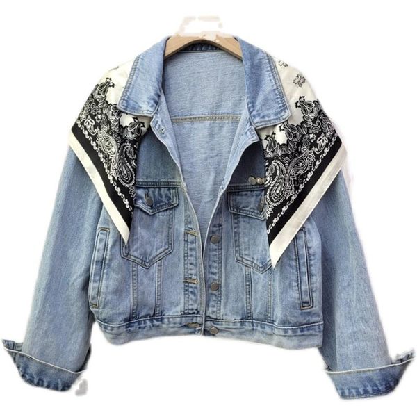 

women's jackets fashion silk scarf patched jean jacket women street girls basic chaquetas para mujer woman denim coat drop, Black;brown