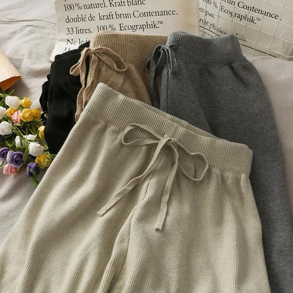 

streetwear autumn thick wide leg pant womens trousers 2021 winter high waist loose drawstring elastic wool pants women's & capris, Black;white