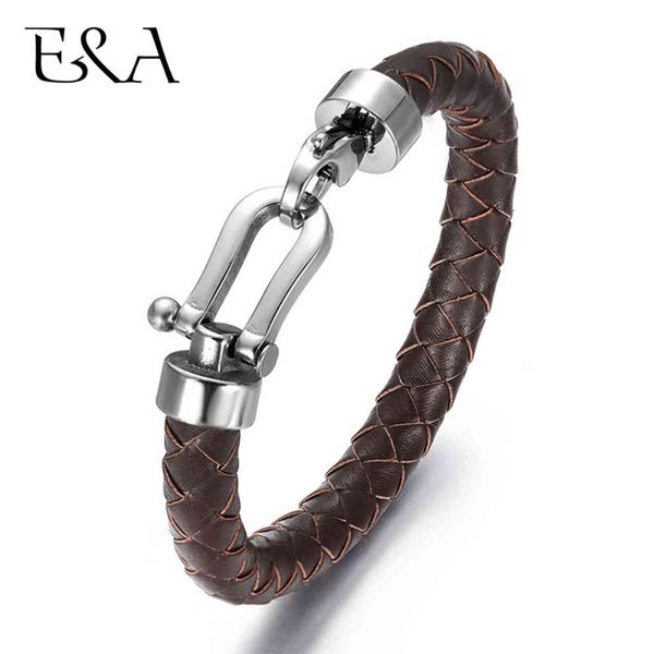 

men's classic bracelet braided genuine leather with 316l stainless steel horseshoe lobster clasp handmade fashion men jewelry, Golden;silver