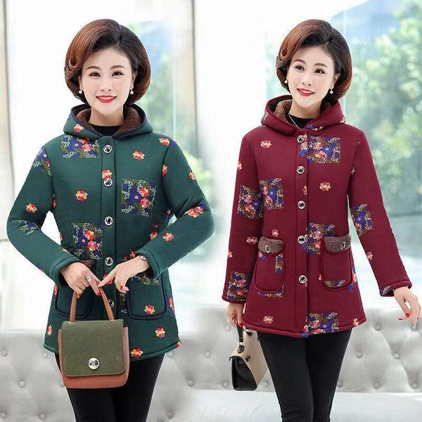 

women's down & parkas 2021 winter middle-aged women fashion plush thick warm gold velvet hooded jacket elderly female print all-match m, Black