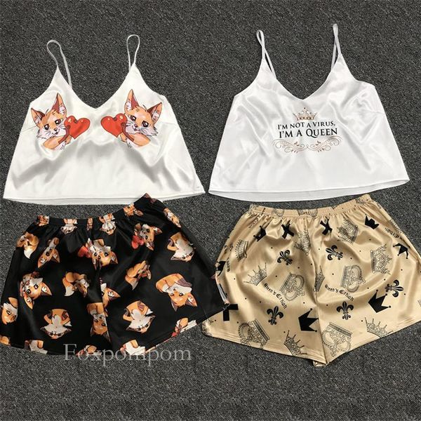 

pijamas pajama set womens sleepwears silk home suit fox print v neck pyjama woman femme sleepwear satin summer, Black;red