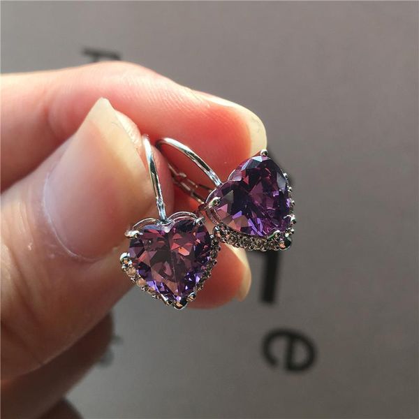 

hoop & huggie charm purple small heart earrings vintage fashion silver color for women crystal white green yellow stone, Golden;silver