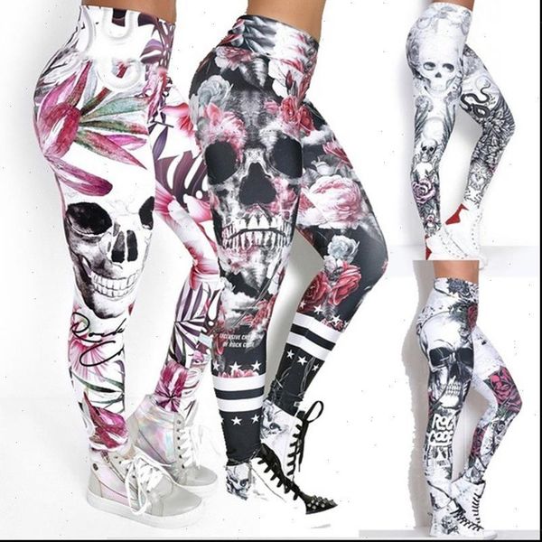 

fitness push up skull print women leggings elastic high waist pants ankle length casual female compression, Black