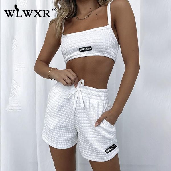 

women's tracksuits wlwxr summer streetwear white plaid 2 two piece sets women fitness outfits cami straps crop shorts female matching, Gray