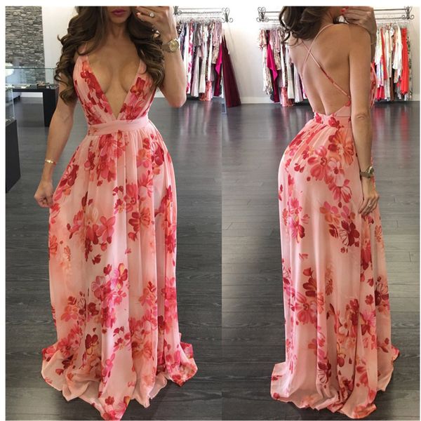 Imprimir floral solta boho profundo vice-pescoço sem costas mulheres vestido maxi vestidos vestidos sexy back transversal praia vestido de verão x0521