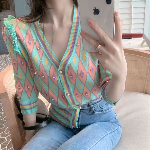 

luxury brand designer knitted cardigan for women v neck pearl buttons diamand argyle puff sleeve sweater 210529, White