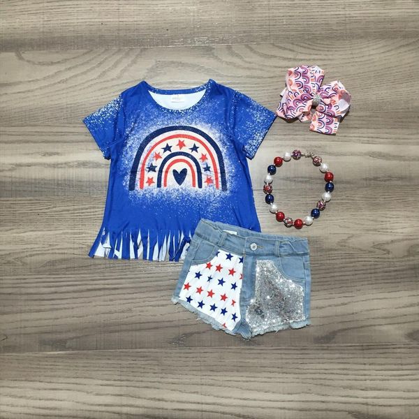 

summer baby girls rainbow print blue tie dyed shirt denim shorts jeans kids july 4th outfit with bow and necklace, White