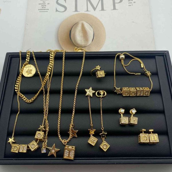 

luxury designer fashion necklace d family cd letter dice earrings female five pointed star square clavicle chain niche design light, Red;brown