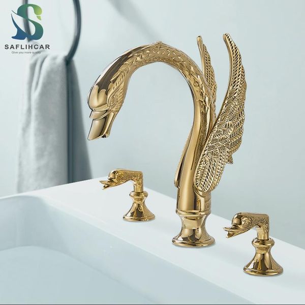 

golden luxury bathroom basin faucet swan shape individual design and cold water sink deck-mounted faucets