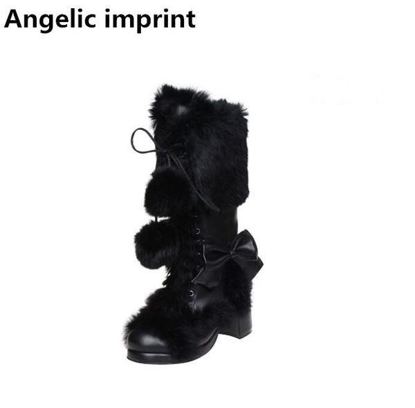 

boots angelic imprint mori girl women winter lady lolita ankle woman princess high heels shoes real hair 33-47 8009, Black