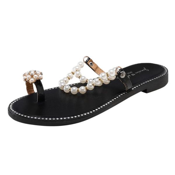 

slippers shoes women casual fashion round toe pearl slipper string bead sandals, Black