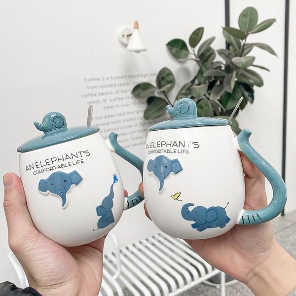 Cartoon 3d Relief Blue Elephant Ceramic Cup с крышкой креативной кружки офис кофейный молоко чай Большой 450 мл кружки