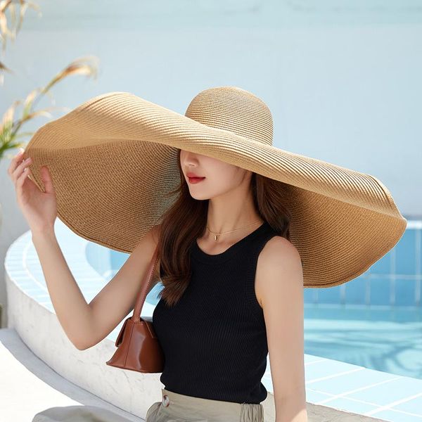

wide brim hats summer french style elegant 30cm oversized sun for women female beach hat sunscreen cap chapeu feminino, Blue;gray