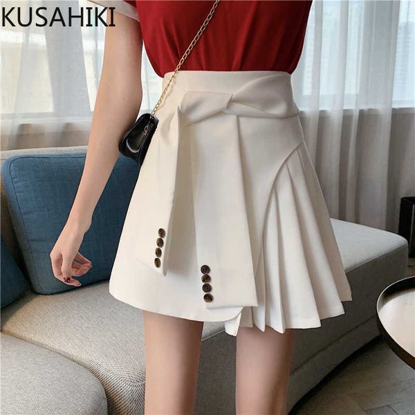 

spring bandage slim waist women skirt causal pleated a-line mini skirts korean elegant mujer faldas 6f411 210603, Black