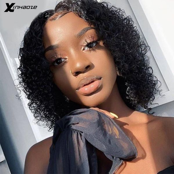 

kinky curly short bob invisible wig 13*6 deep part lace front human hair wigs glueless preplucked bleached knots remy hair1, Black;brown