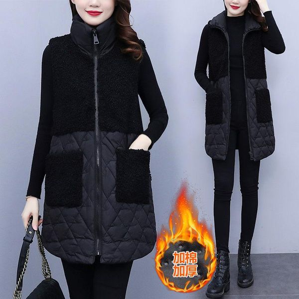 

women's vests furry plus size waistcoat 2021 autumn winter fashion mid-length vest jacket korean sleeveless outwear jaqueta m1189, Black;white