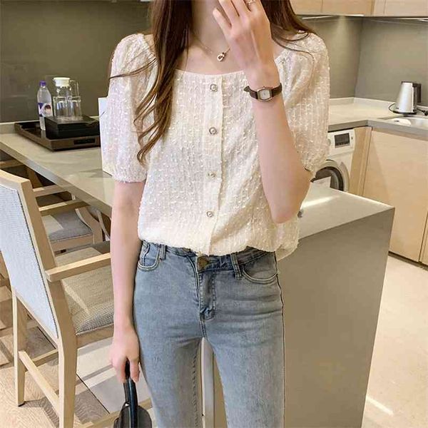 Mode Weibliche Retro quadrat kragen Blusen Chiffon Casual Shirt Damen Bluse Sommer Kurzarm bluse 210507