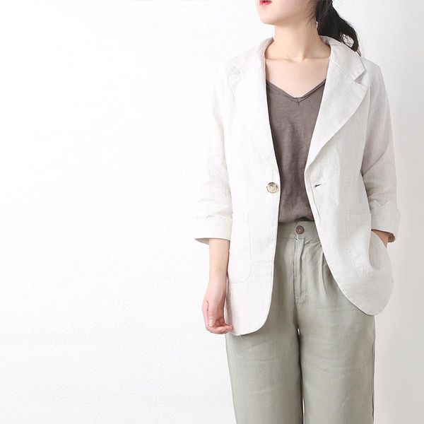 

women's suits & blazers 2021 slim fit linen blazer women spring office lady suit jacket female solid color single button business ladie, White;black