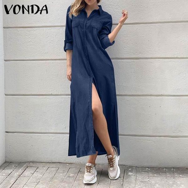 

casual dresses autumn long sleeve denim shirt dress vonda lapel button down bohemian vestidos loose beach sundress femme robe, Black;gray