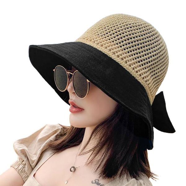 

women mesh sun visor beach hat split wide brim bowknot sunscreen bucket cap d08e hats, Blue;gray