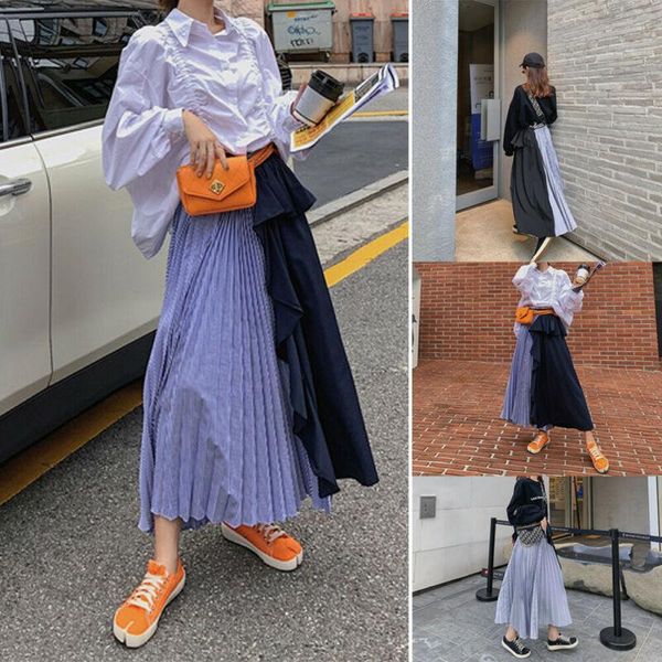

skirts vintage fashion casual women girls two-color patchwork pleated long skirt ladies high waist elastic flared streetwear, Black