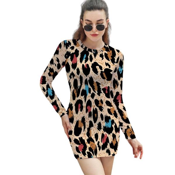 

casual dresses fashion ladies dress long-sleeved slim leopard spots mature spring and autumn short skirt, Black;gray