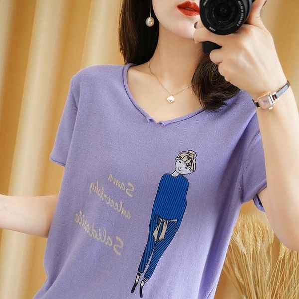 

pure cotton knit t-shirt female big size fashion v-neck printed short sleeve 2021 summer women's pullover thin bottom shirt, White