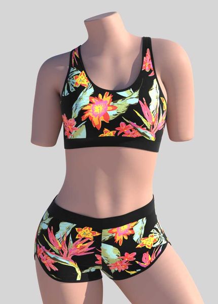 

one-piece suits 2021 swimwear, flower pattern, two-piece, sports vest, boxer pants,tropical orange and green, women's swimsuit,bikini